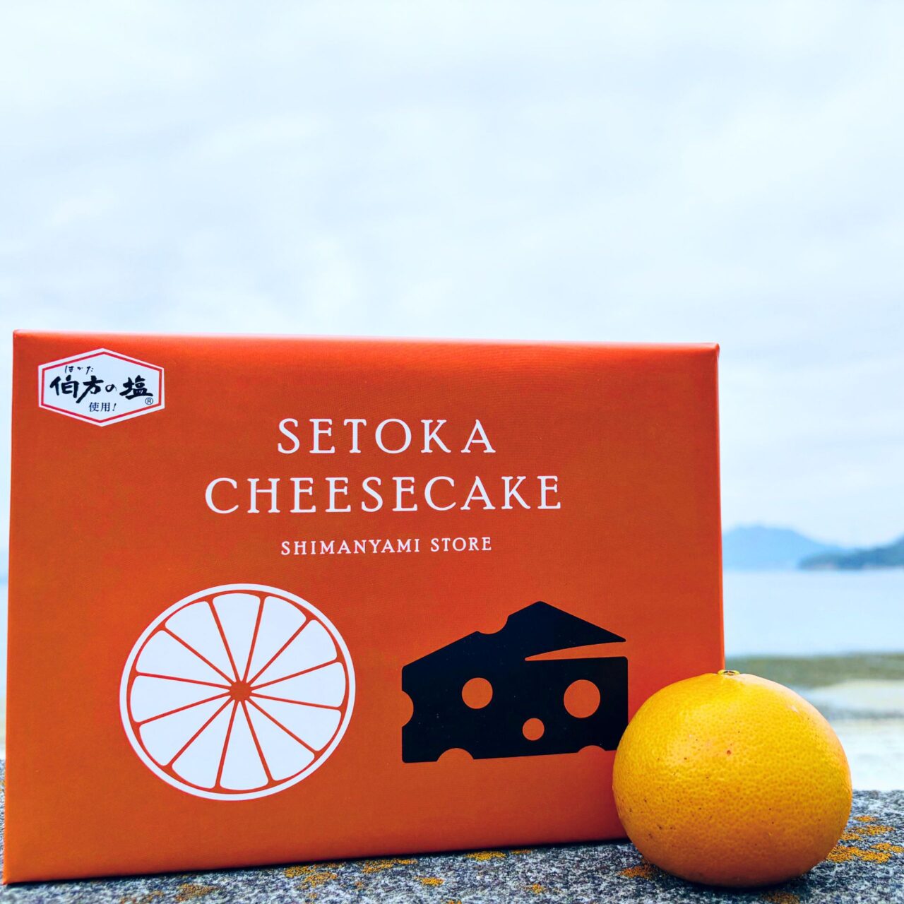 海を背景にしたせとかチーズケーキとせとかの写真